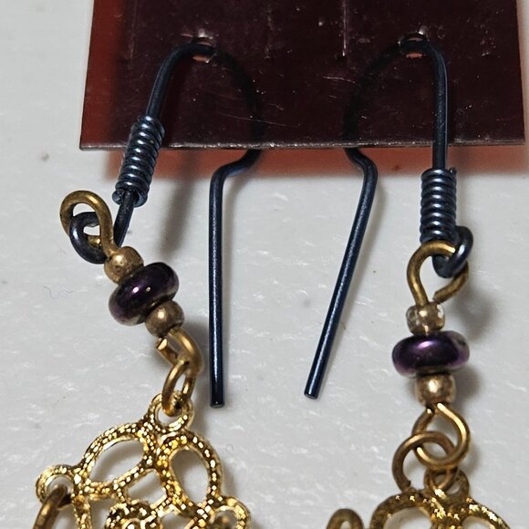 Fashion Earrings Elegant Filigree Dangle Navy Blue Beads Gold Tone Chain Dangle - Picture 3 of 5